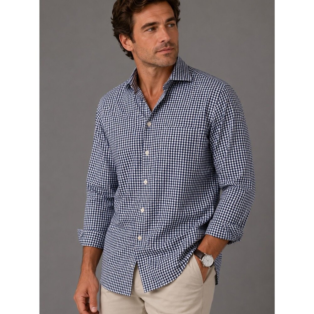 Peter Millar Men’s XL Blue White Gingham Button Down Shirt Cotton Silk Stretch